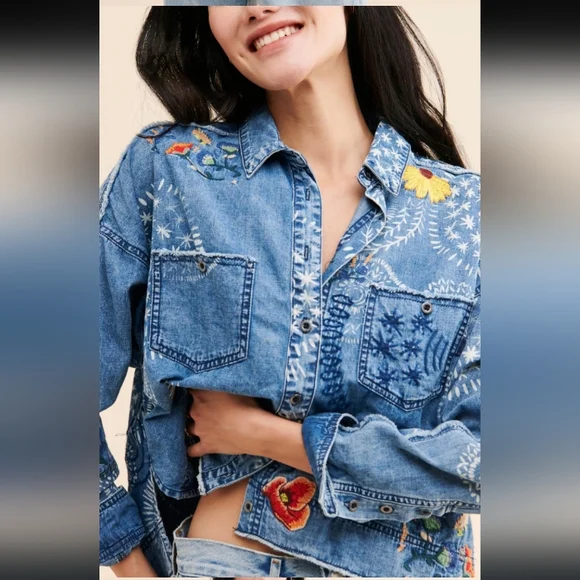 Free People We The Free Marrakesh Embroidered Denim Top Medium - Picture 10 of 12
